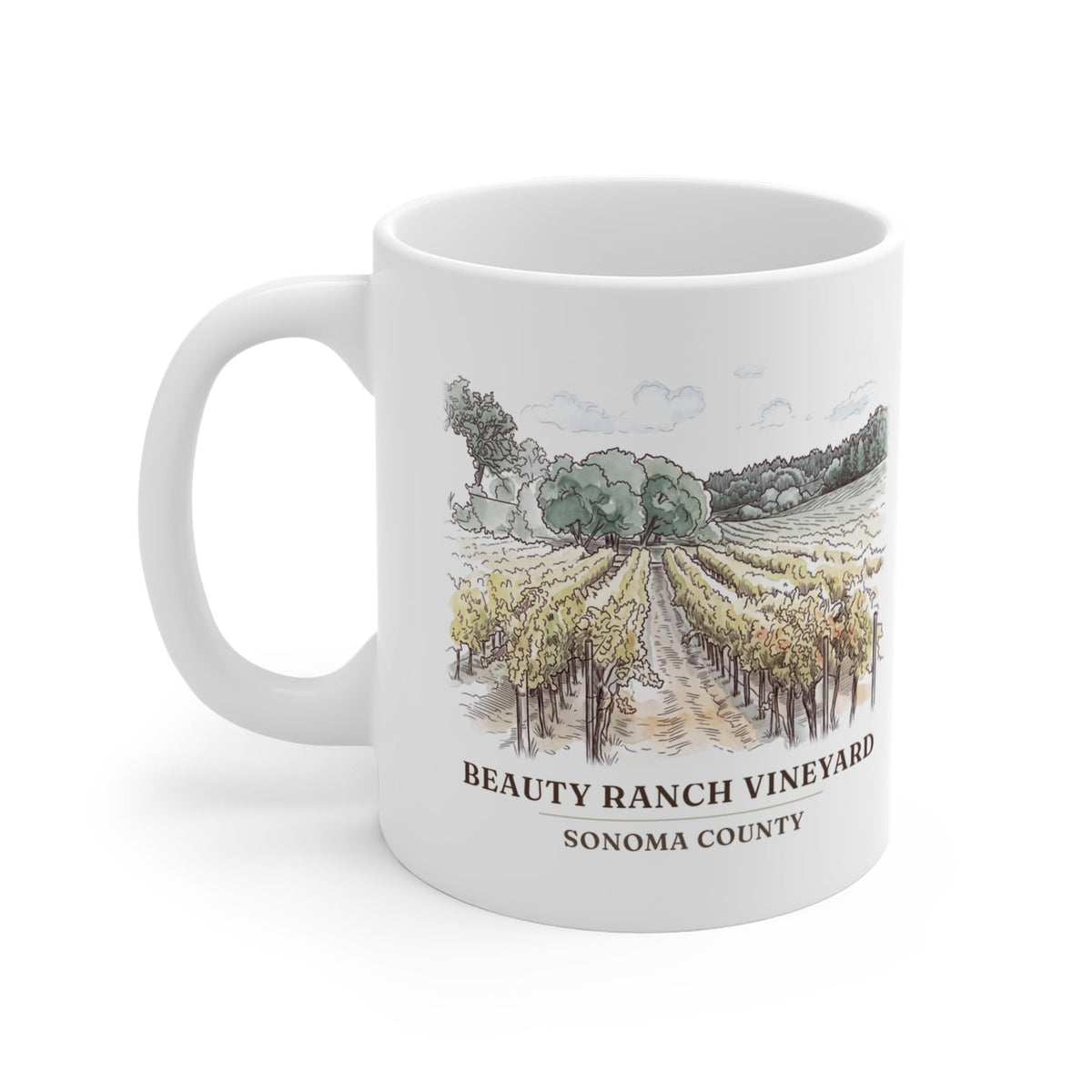 Beauty Ranch Vineyard watercolor mug with the place name and Sonoma County under the picture