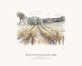 Watercolor print of the vineyard rows on Jack London's Beauty Ranch in Glen Ellen, with an open aisle between the vines, with the place name below