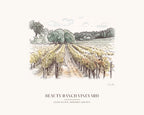 Watercolor print of the vineyard rows on Jack London's Beauty Ranch in Glen Ellen, with an open aisle between the vines, with the place name below