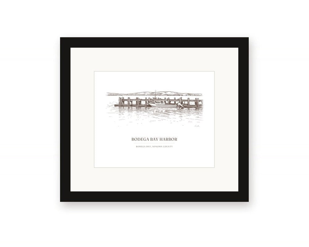 Framed ink drawing print of the harbor at Bodega Bay, with a white mat in a black frame