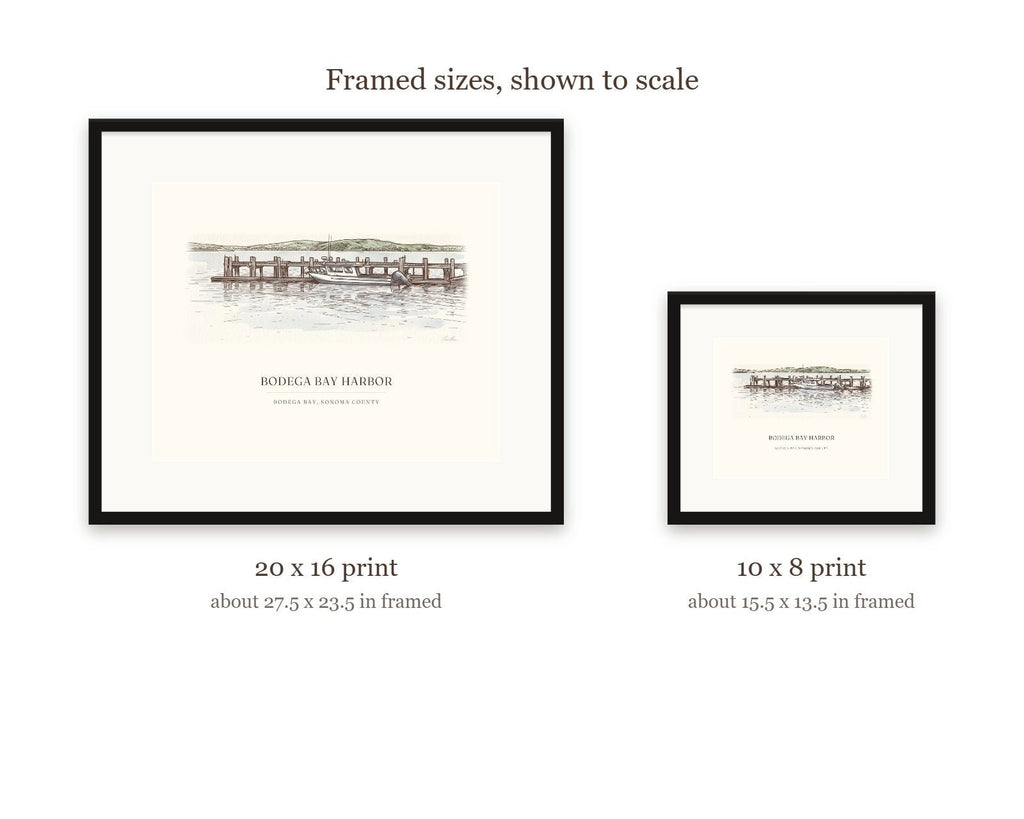 Size guide comparing the 20 x 16 and 10 x 8 framed watercolor prints of Bodega Bay harbor to scale