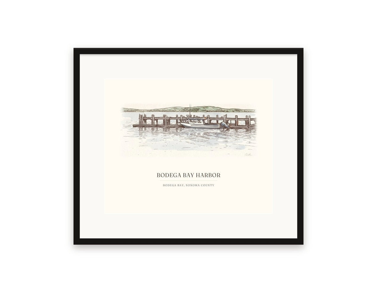 Bodega Bay harbor watercolor print, 20 x 16 in, in a black frame with a wide white mat