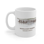 Bodega Bay Harbor watercolor mug, 11 oz, with the place name and Sonoma County under the picture