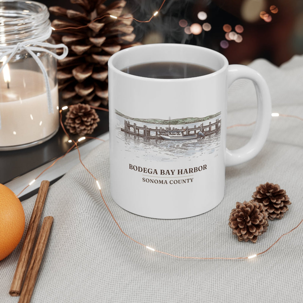 Bodega Bay Harbor mug on a holiday coffee table