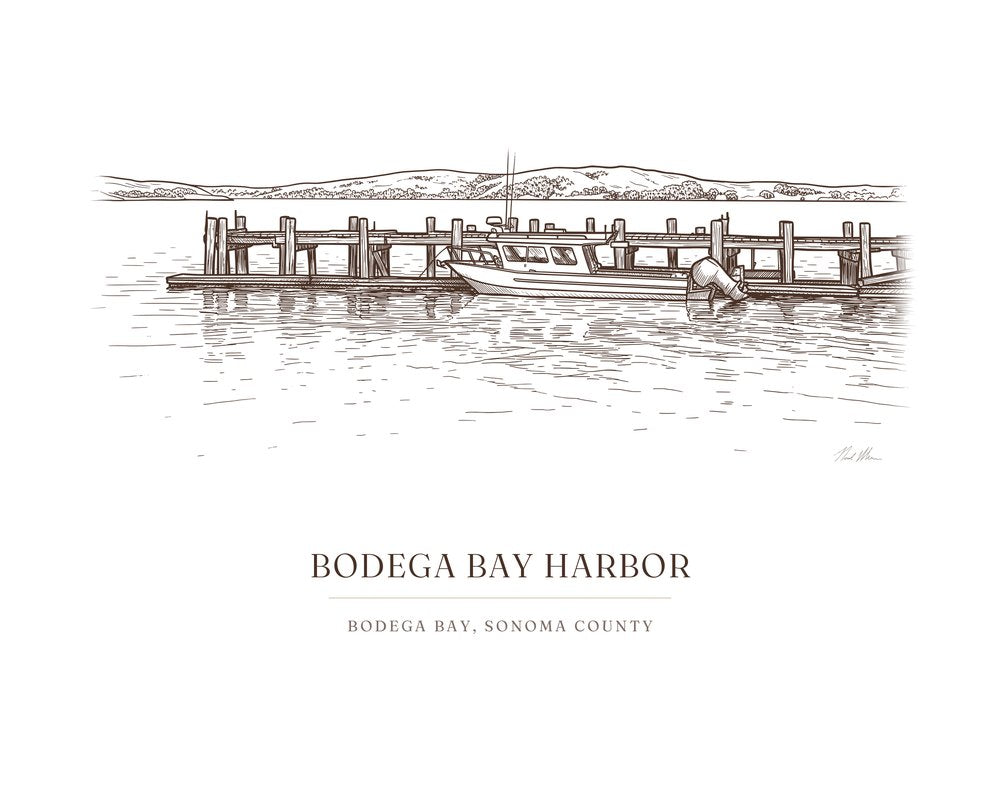 Ink drawing print of the harbor at Bodega Bay, Sonoma County, in brown ink with the place name below