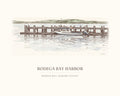 Watercolor art print of the harbor at Bodega Bay, with the place name below