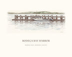Watercolor art print of the harbor at Bodega Bay, with the place name below