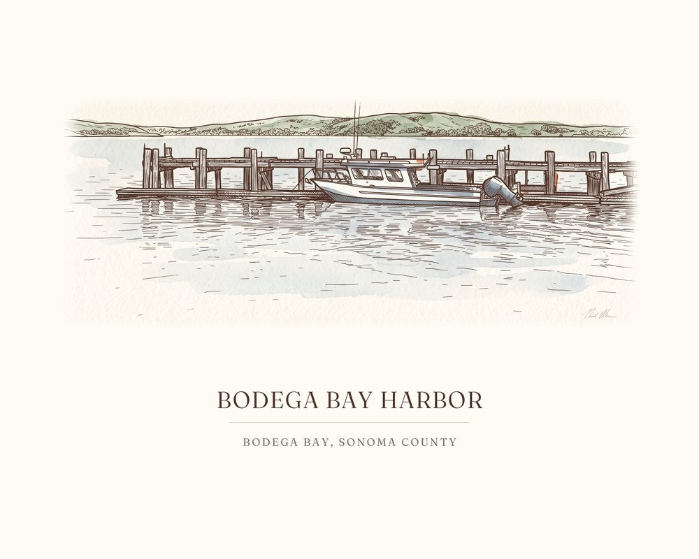 Watercolor art print of the harbor at Bodega Bay, with the place name below
