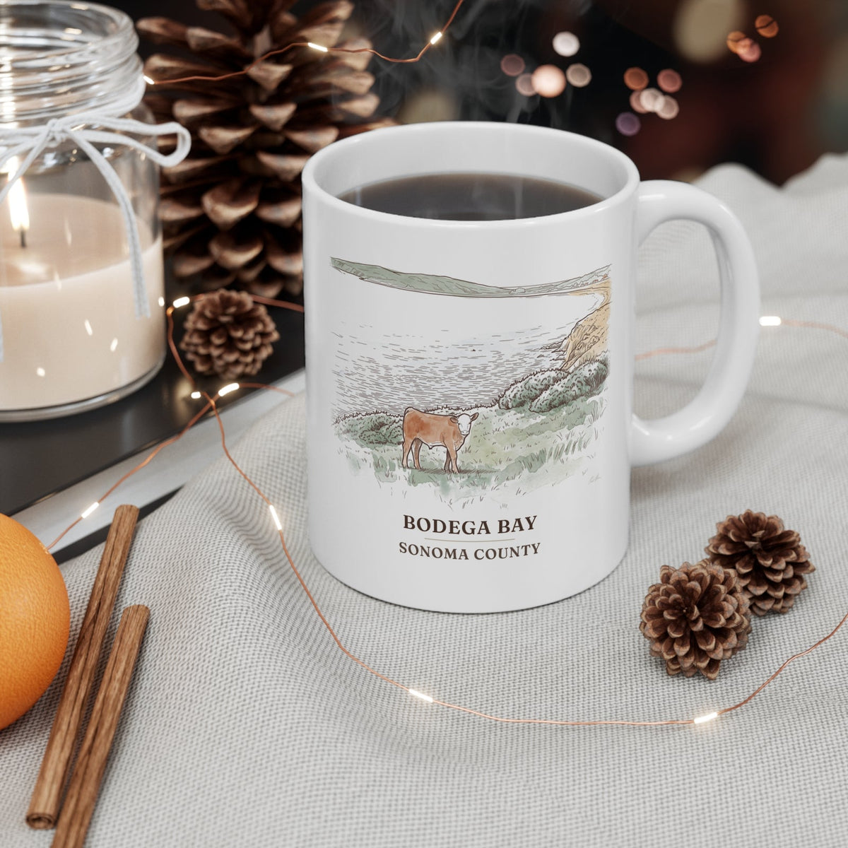 Bodega Bay mug on a holiday coffee table