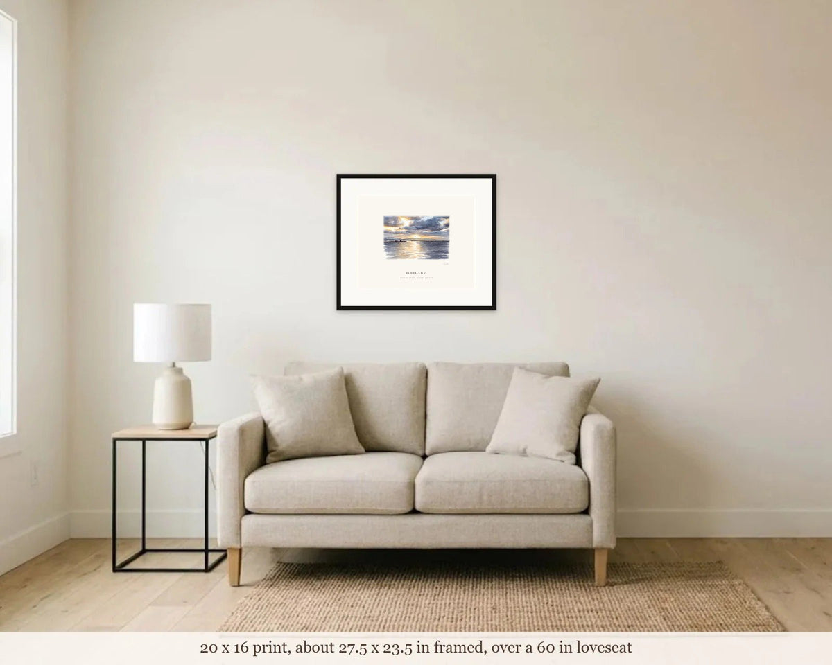 20 x 16 in framed watercolor of sunrise over Bodega Harbor hanging over a 60 inch loveseat, shown to scale