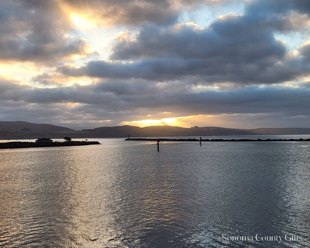 The photograph of sunrise over Bodega Harbor taken on location