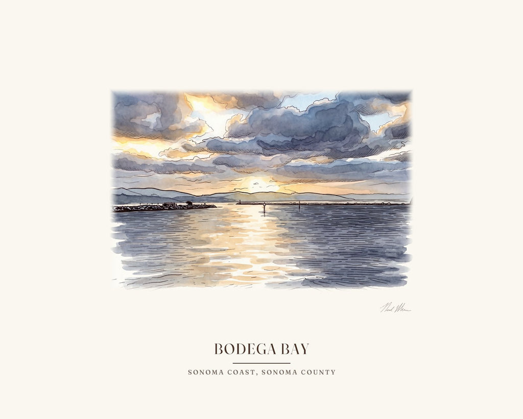 Watercolor print of sunrise over Bodega Harbor, signed, with the place name below