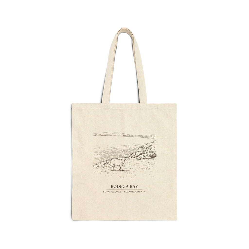 Natural cotton canvas tote bag with an ink drawing of a young calf on a pasture above Bodega Bay, Sonoma Coast