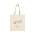 Natural cotton canvas tote bag with an ink drawing of a young calf on a pasture above Bodega Bay, Sonoma Coast