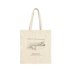Natural cotton canvas tote bag with an ink drawing of a young calf on a pasture above Bodega Bay, Sonoma Coast