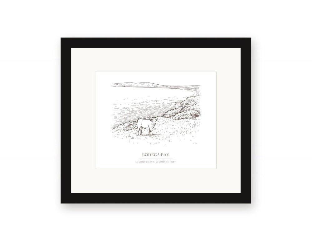 Framed ink drawing print of a young calf on a pasture above Bodega Bay, with a white mat in a black frame