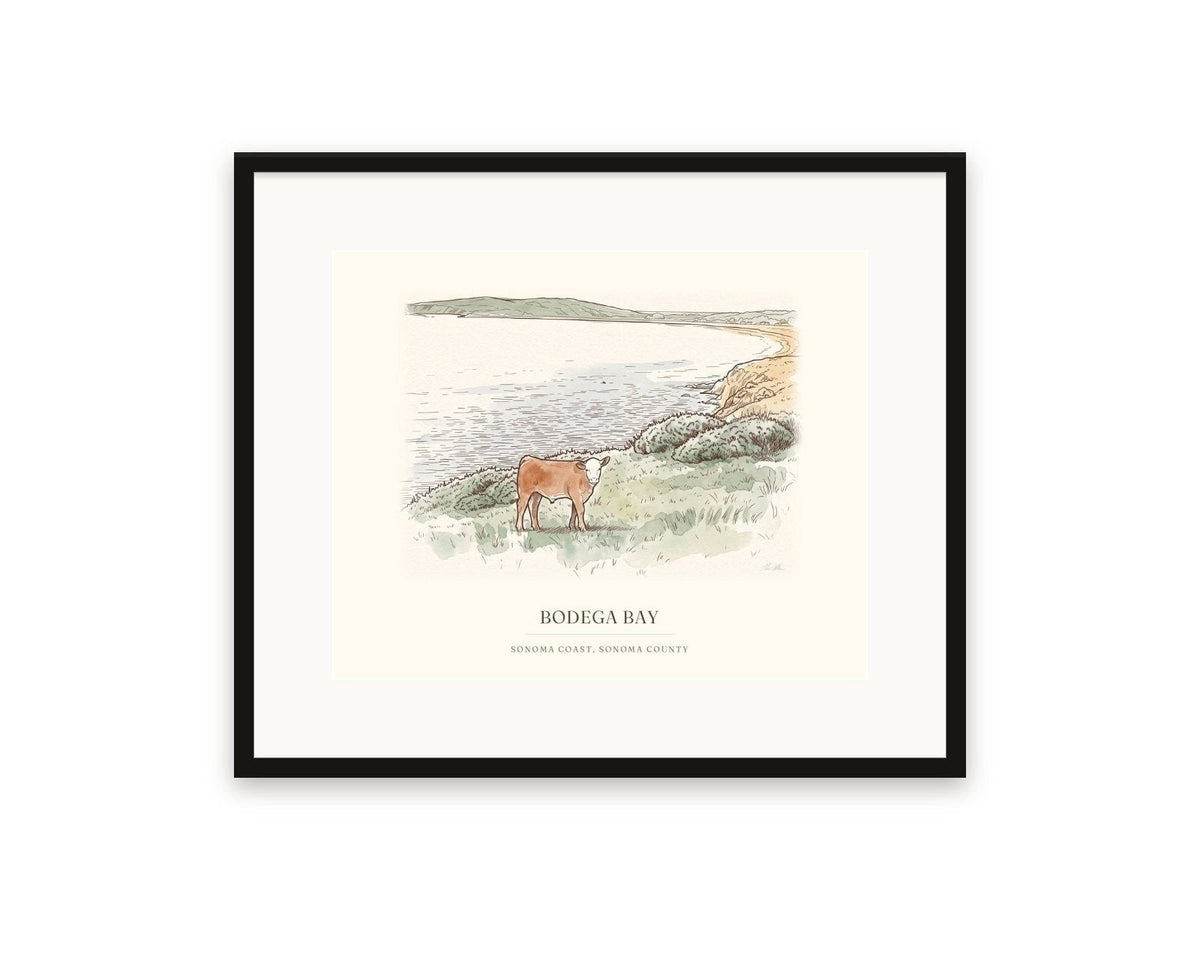 Bodega Bay watercolor print, 20 x 16 in, in a black frame with a wide white mat