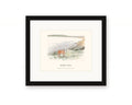 Framed watercolor print of a young calf on a pasture above Bodega Bay, with a white mat in a black frame