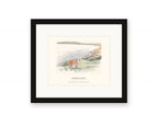 Framed watercolor print of a young calf on a pasture above Bodega Bay, with a white mat in a black frame