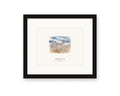 Framed watercolor print of a black-tailed deer on Bodega Head, with a white mat in a black frame