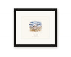 Framed watercolor print of a black-tailed deer on Bodega Head, with a white mat in a black frame