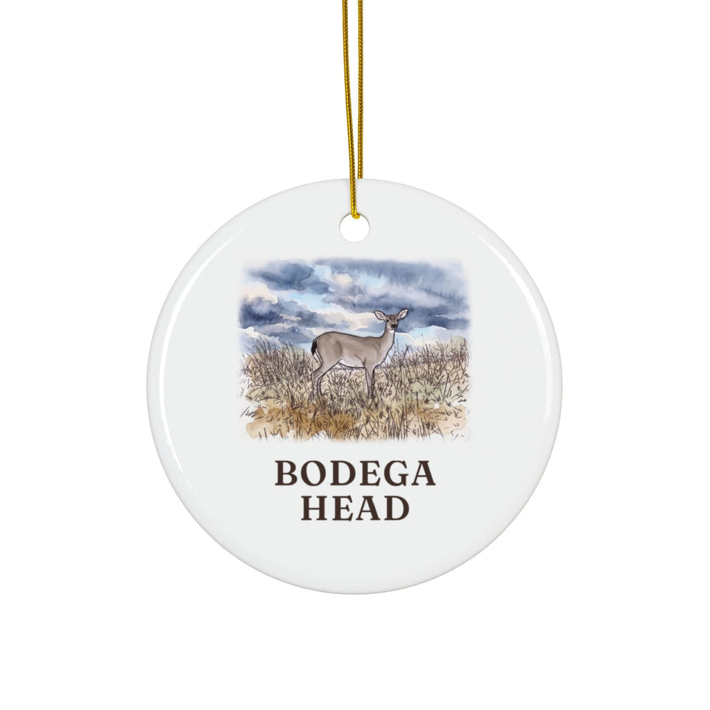 Round ceramic ornament with the Bodega Head deer in watercolor and the place name