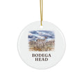 Round ceramic ornament with the Bodega Head deer in watercolor and the place name