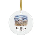Round ceramic ornament with the Bodega Head deer in watercolor and the place name