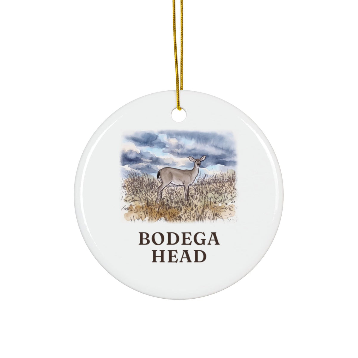 Round ceramic ornament with the Bodega Head deer in watercolor and the place name