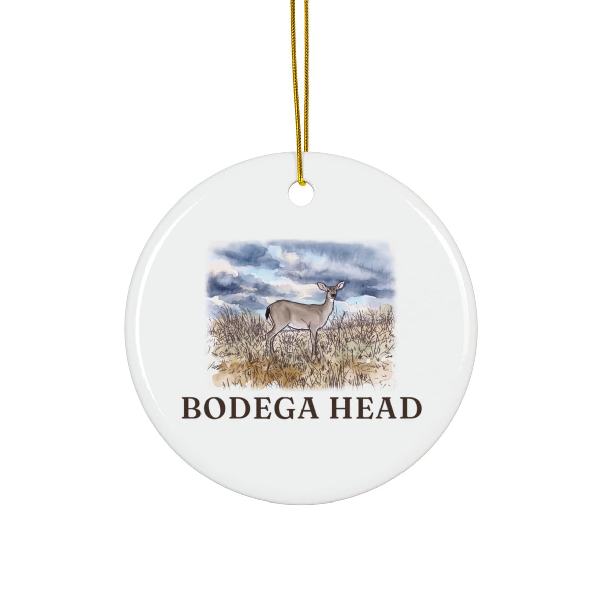 Round ceramic ornament with a deer at Bodega Head in watercolor and the place name
