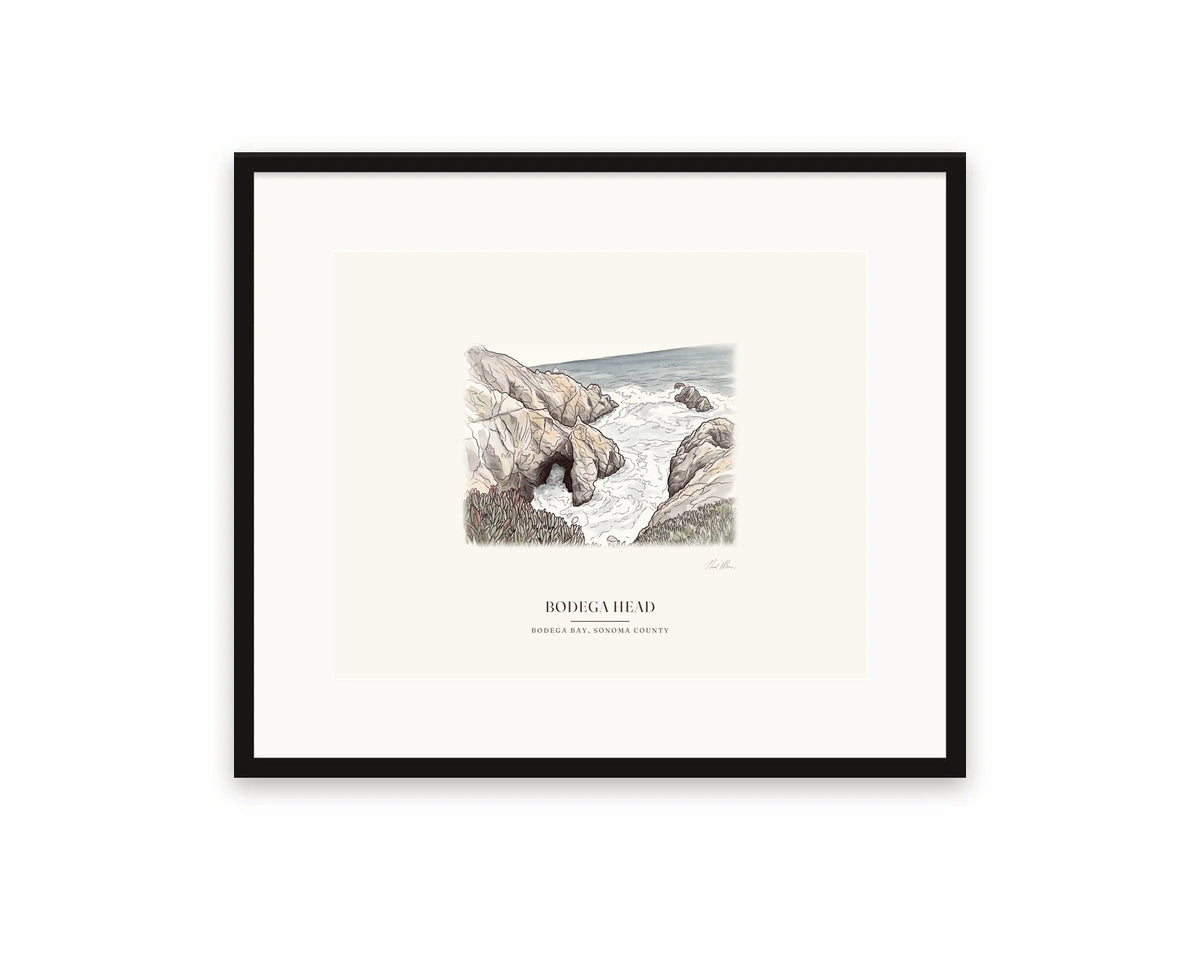 Watercolor print of the sea arch at Bodega Head, 20 x 16 in, in a black frame with a wide white mat