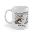 Bodega Head sea arch watercolor mug, 11 oz, with the place name and Sonoma County under the picture