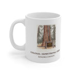 White ceramic 11 oz mug with the Colonel Armstrong Tree in watercolor and the place name