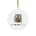 Round ceramic ornament with the Colonel Armstrong Tree in watercolor and the place name Guerneville