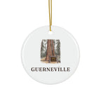 Round ceramic ornament with the Colonel Armstrong Tree in watercolor and the place name Guerneville