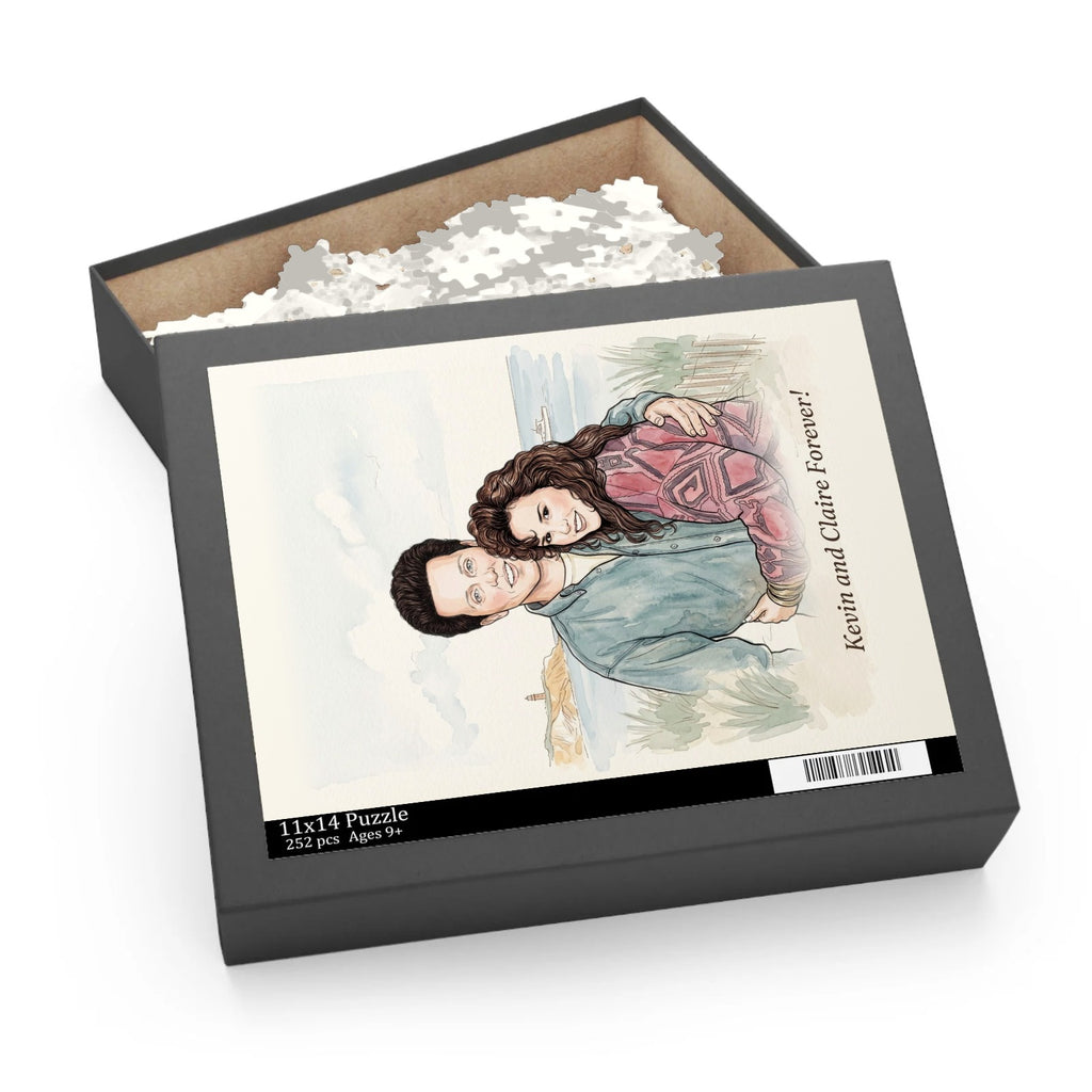 Mockup of the puzzle box with a custom watercolor of Kevin and Claire on the lid