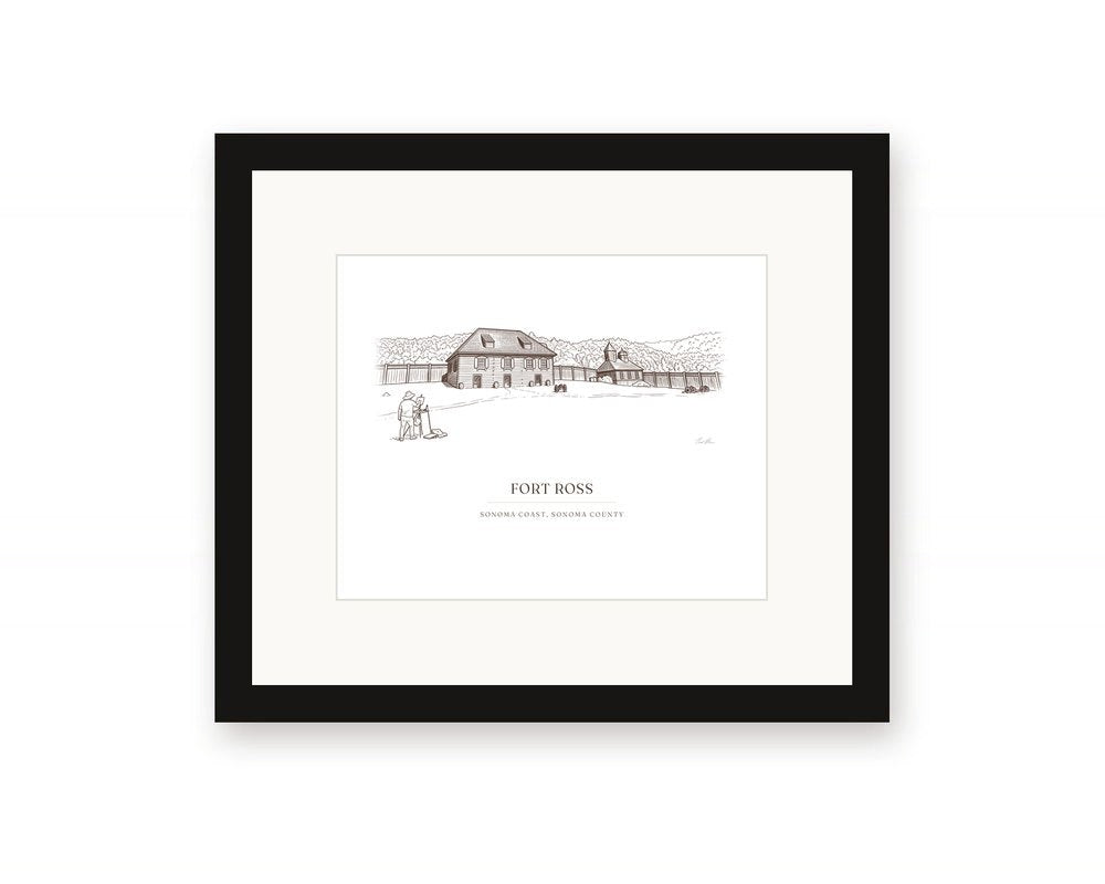 Framed ink drawing print of Fort Ross on the Sonoma Coast, with a white mat in a black frame