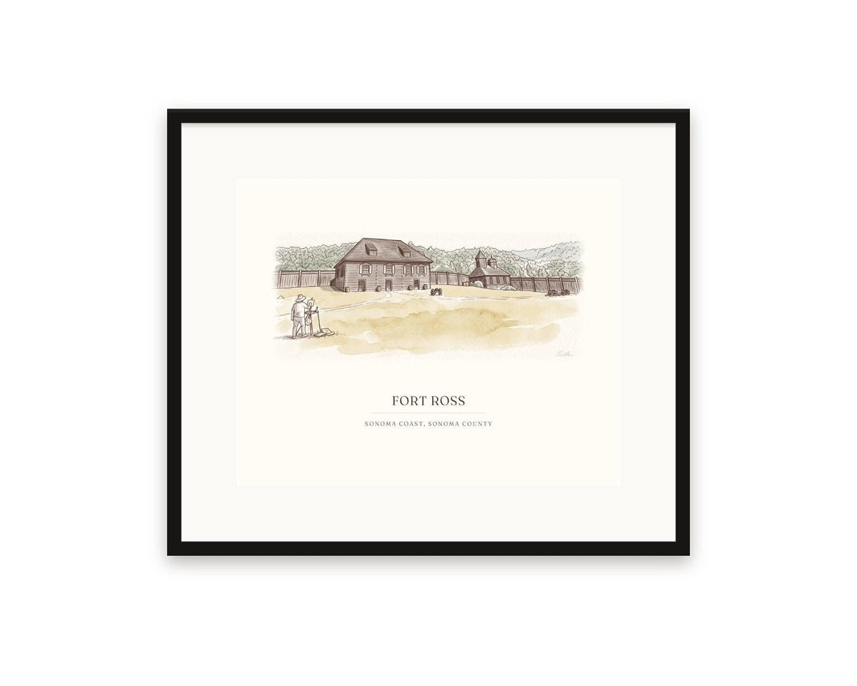 Fort Ross watercolor print, 20 x 16 in, in a black frame with a wide white mat