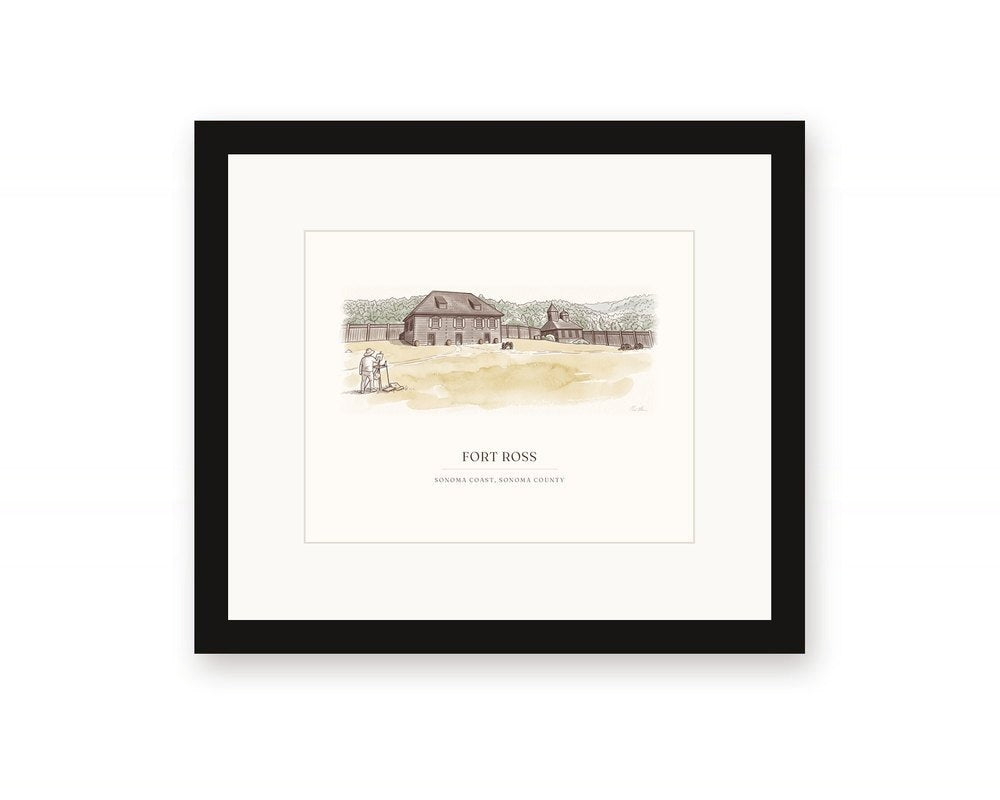 Framed watercolor print of Fort Ross on the Sonoma Coast, with a white mat in a black frame