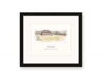 Framed watercolor print of Fort Ross on the Sonoma Coast, with a white mat in a black frame