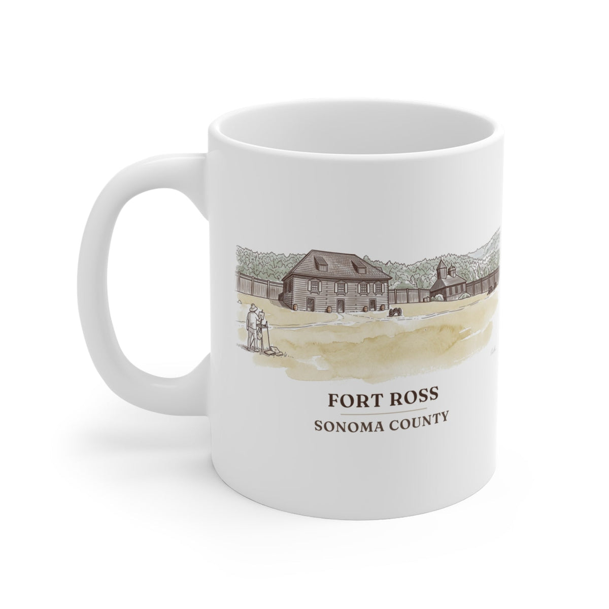 Fort Ross watercolor mug, 11 oz, with the place name and Sonoma County under the picture