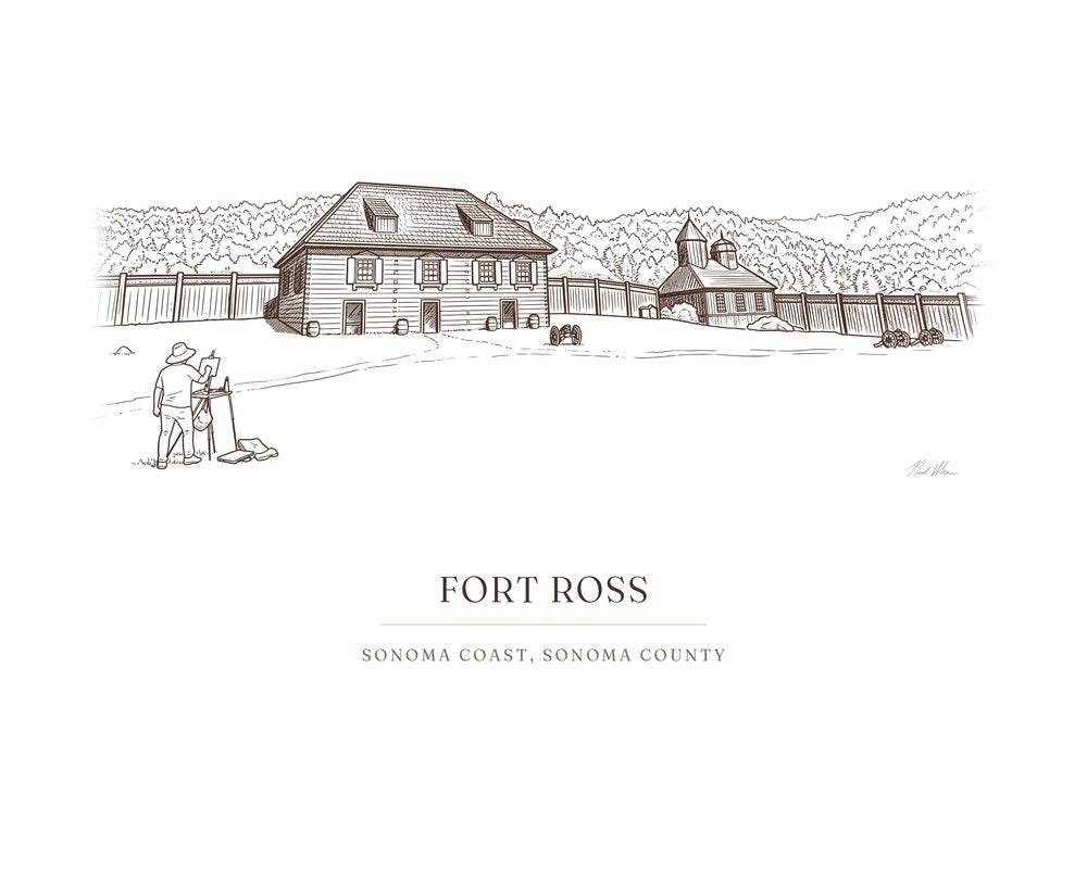 Ink drawing print of Fort Ross on the Sonoma Coast, Sonoma County, in brown ink with the place name below