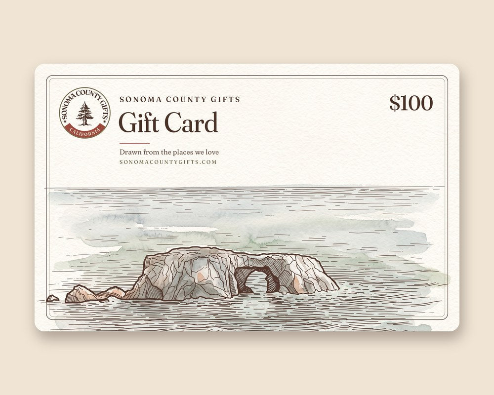 $100 Sonoma County Gifts gift card with a watercolor of Arched Rock