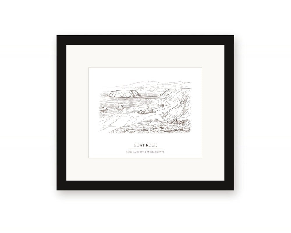 Framed ink drawing print of Goat Rock on the Sonoma Coast near Jenner, with a white mat in a black frame