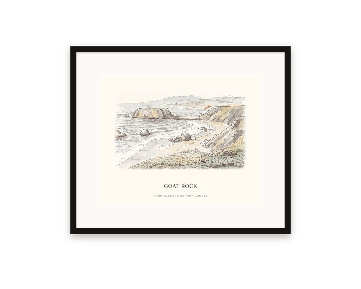 Goat Rock watercolor print, 20 x 16 in, in a black frame with a wide white mat