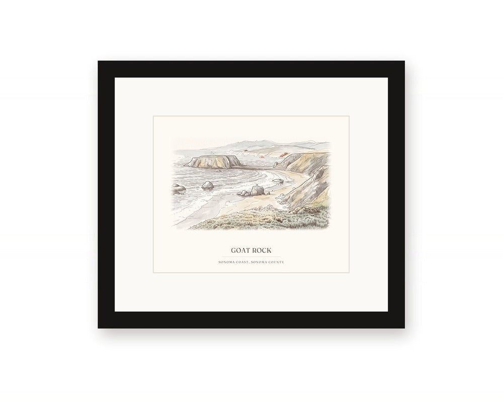 Framed watercolor print of Goat Rock on the Sonoma Coast near Jenner, with a white mat in a black frame