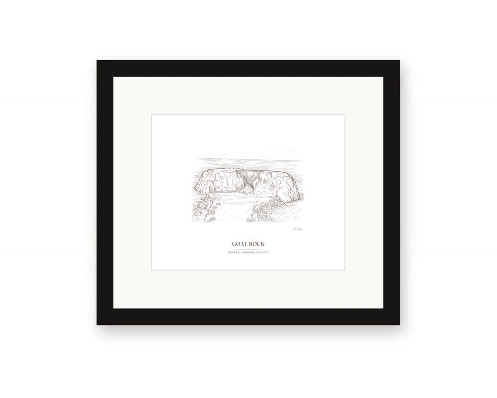 Framed ink drawing print of Goat Rock seen from the bluff above, with a white mat in a black frame