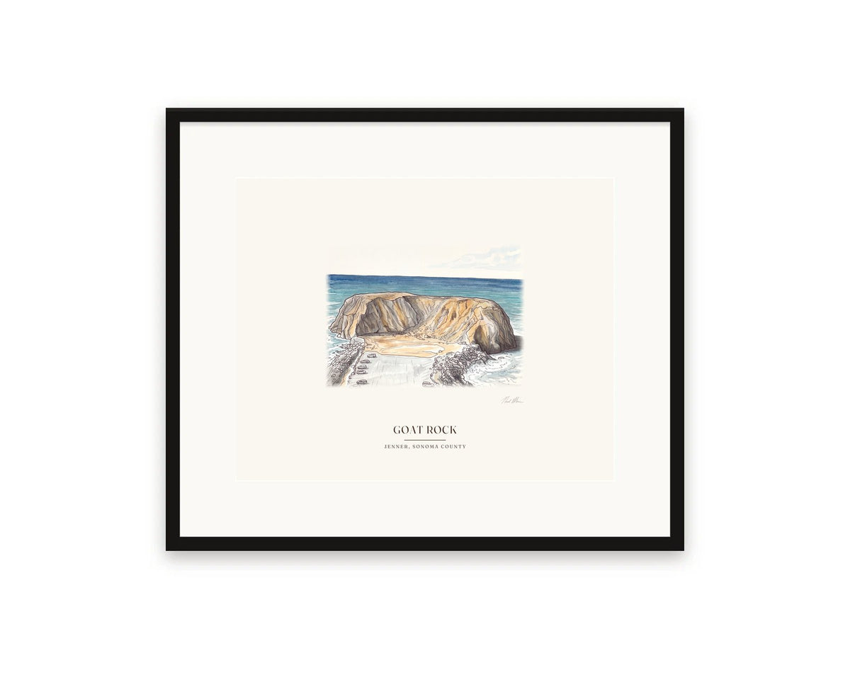 Watercolor print of Goat Rock seen from the bluff above, 20 x 16 in, in a black frame with a wide white mat