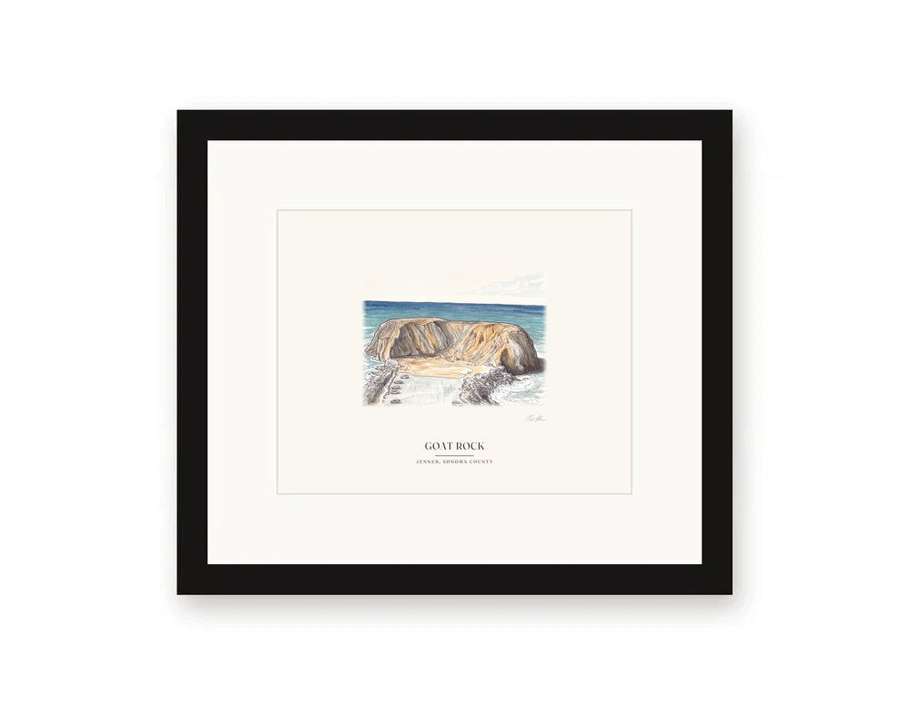 Framed watercolor print of Goat Rock seen from the bluff above, with a white mat in a black frame