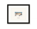 Framed watercolor print of Goat Rock seen from the bluff above, with a white mat in a black frame